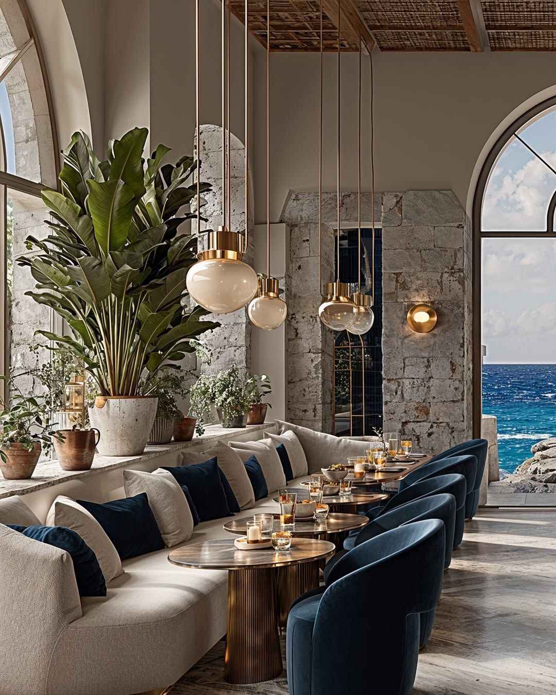 Private coastal dining room prepared for an event